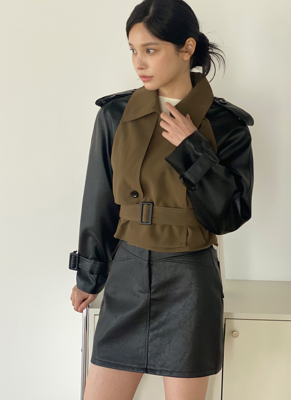 ベルト付レザー調配色トレンチジャケット | DHOLIC | 詳細画像12