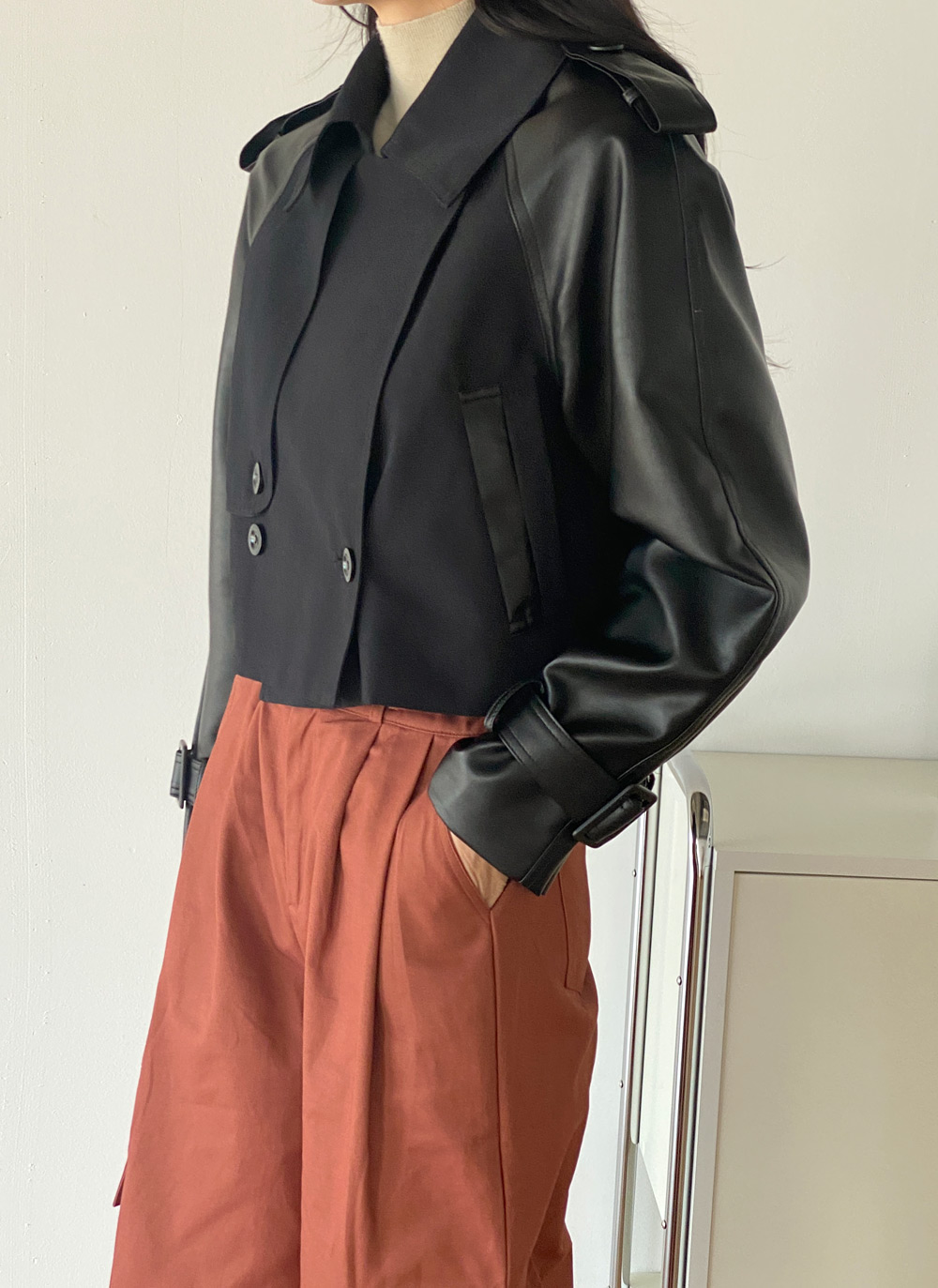 ベルト付レザー調配色トレンチジャケット | DHOLIC | 詳細画像15