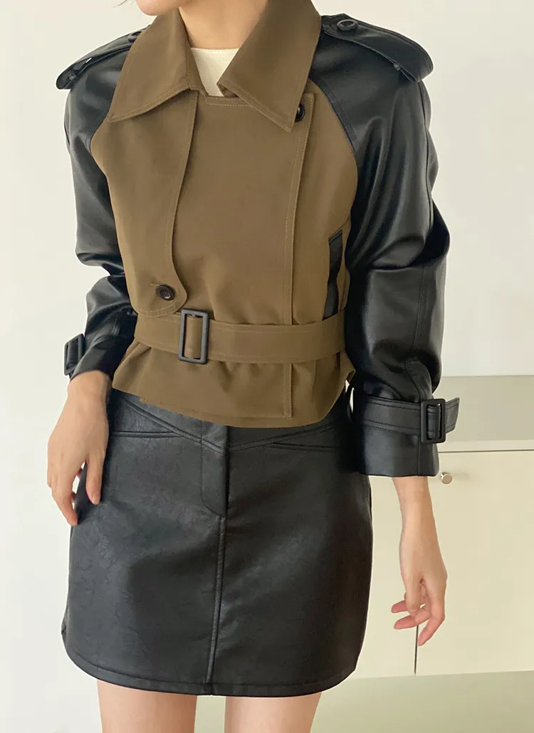 ベルト付レザー調配色トレンチジャケット | DHOLIC | 詳細画像1