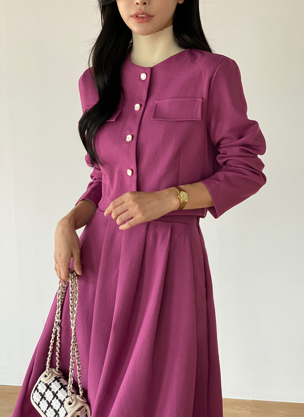 ツイードスクエアボタンジャケット&フレアスカートSET | DHOLIC | 詳細画像3