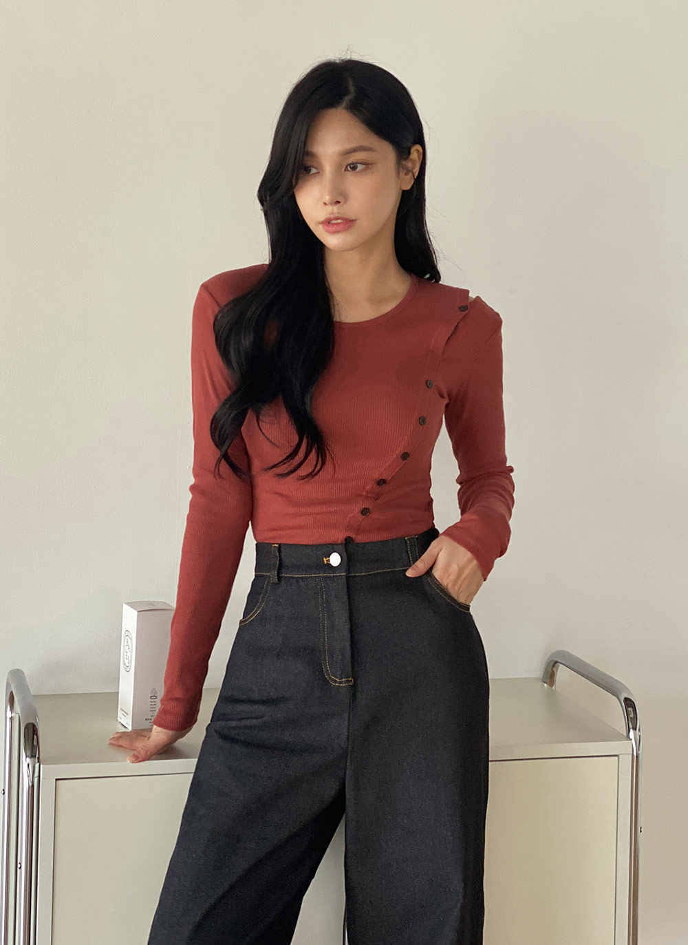 ダイアゴナルボタンリブTシャツ | DHOLIC | 詳細画像2