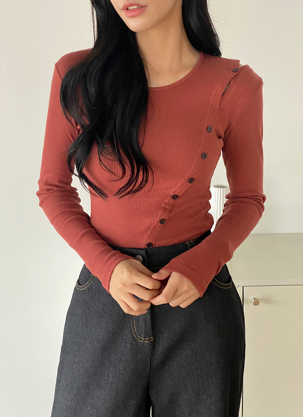 ダイアゴナルボタンリブTシャツ | DHOLIC | 詳細画像8