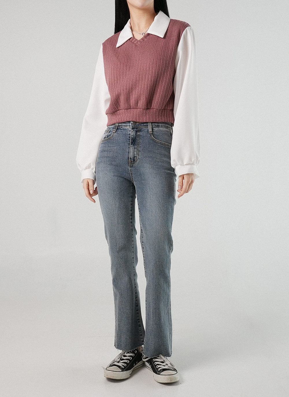 リブ配色カラー長袖ブラウス | DHOLIC | 詳細画像2