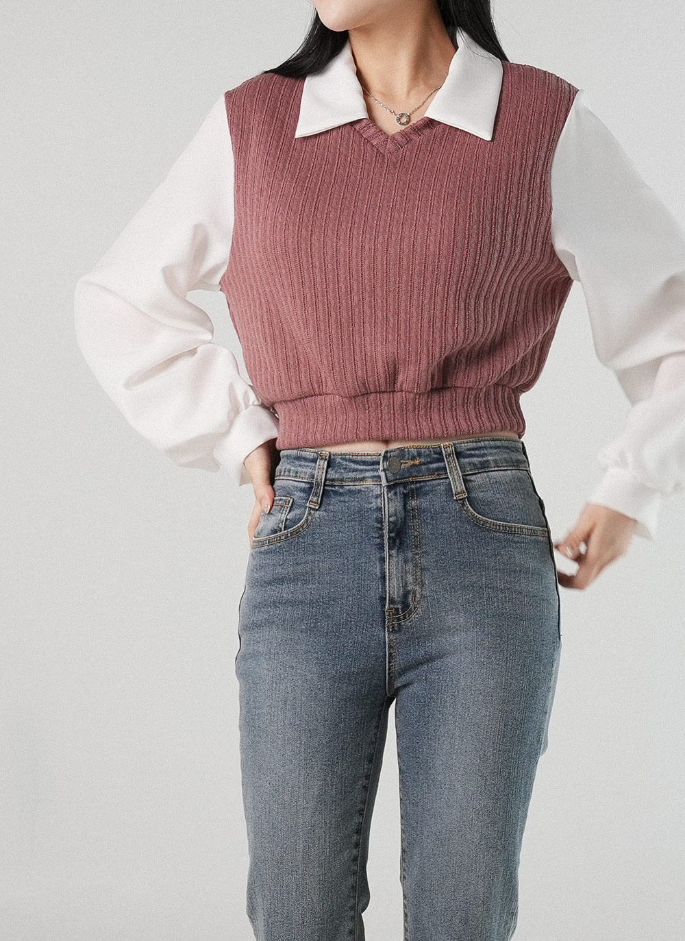 リブ配色カラー長袖ブラウス | DHOLIC | 詳細画像3