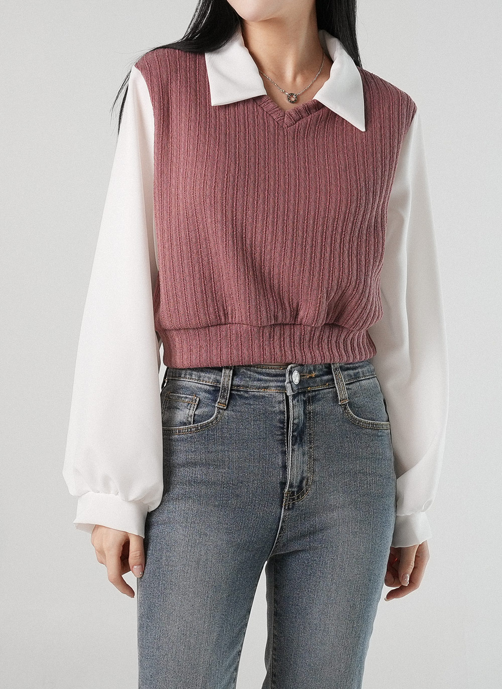 リブ配色カラー長袖ブラウス | DHOLIC | 詳細画像4