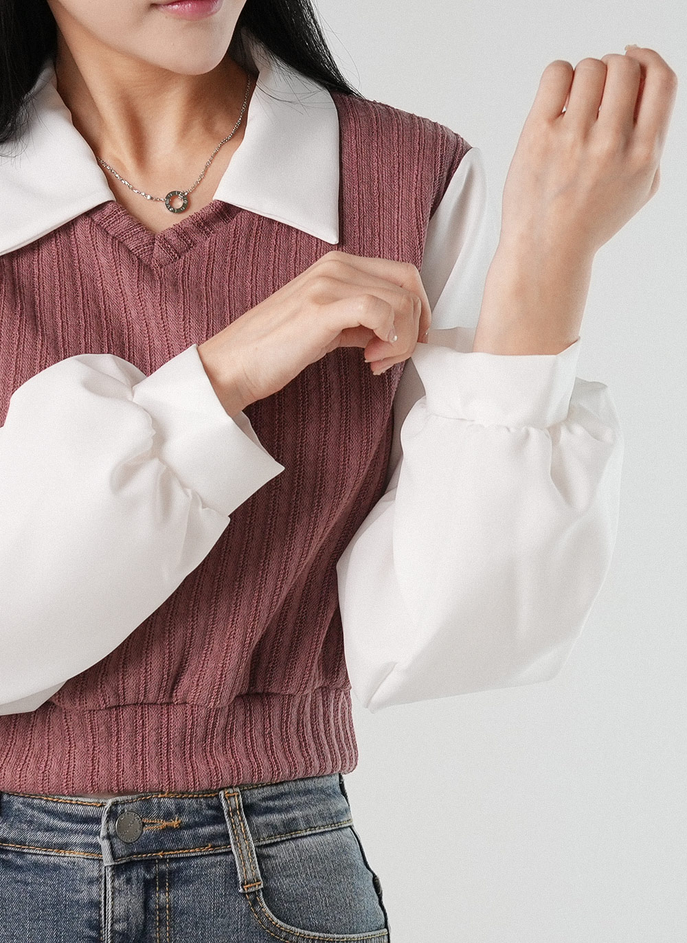 リブ配色カラー長袖ブラウス | DHOLIC | 詳細画像7