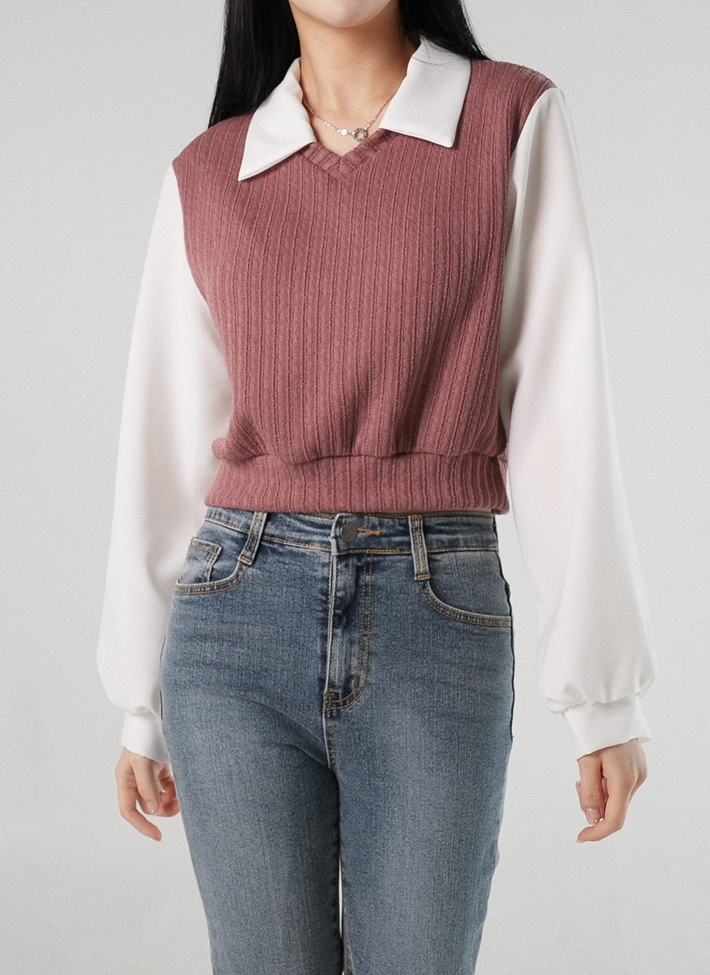 リブ配色カラー長袖ブラウス | DHOLIC | 詳細画像5