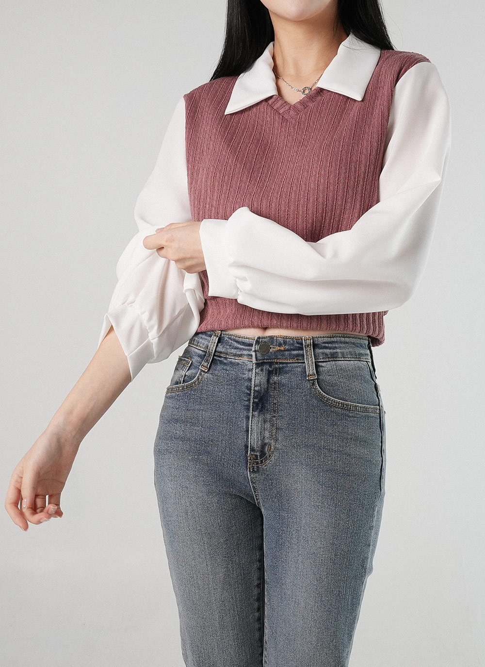 リブ配色カラー長袖ブラウス | DHOLIC | 詳細画像6