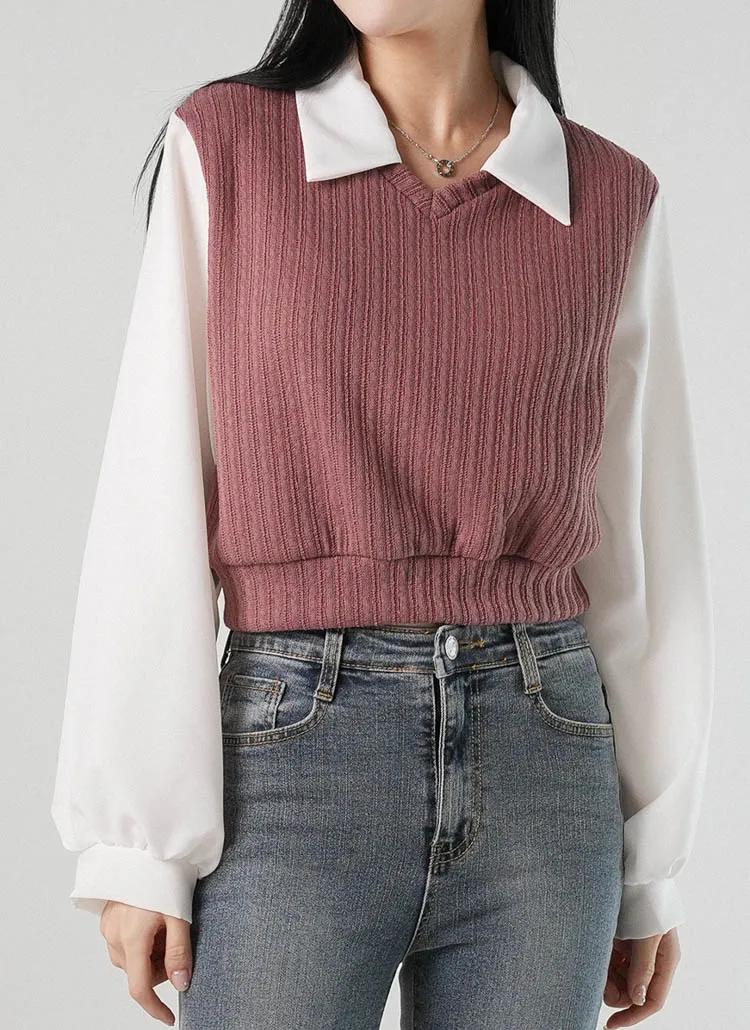 リブ配色カラー長袖ブラウス | DHOLIC | 詳細画像1