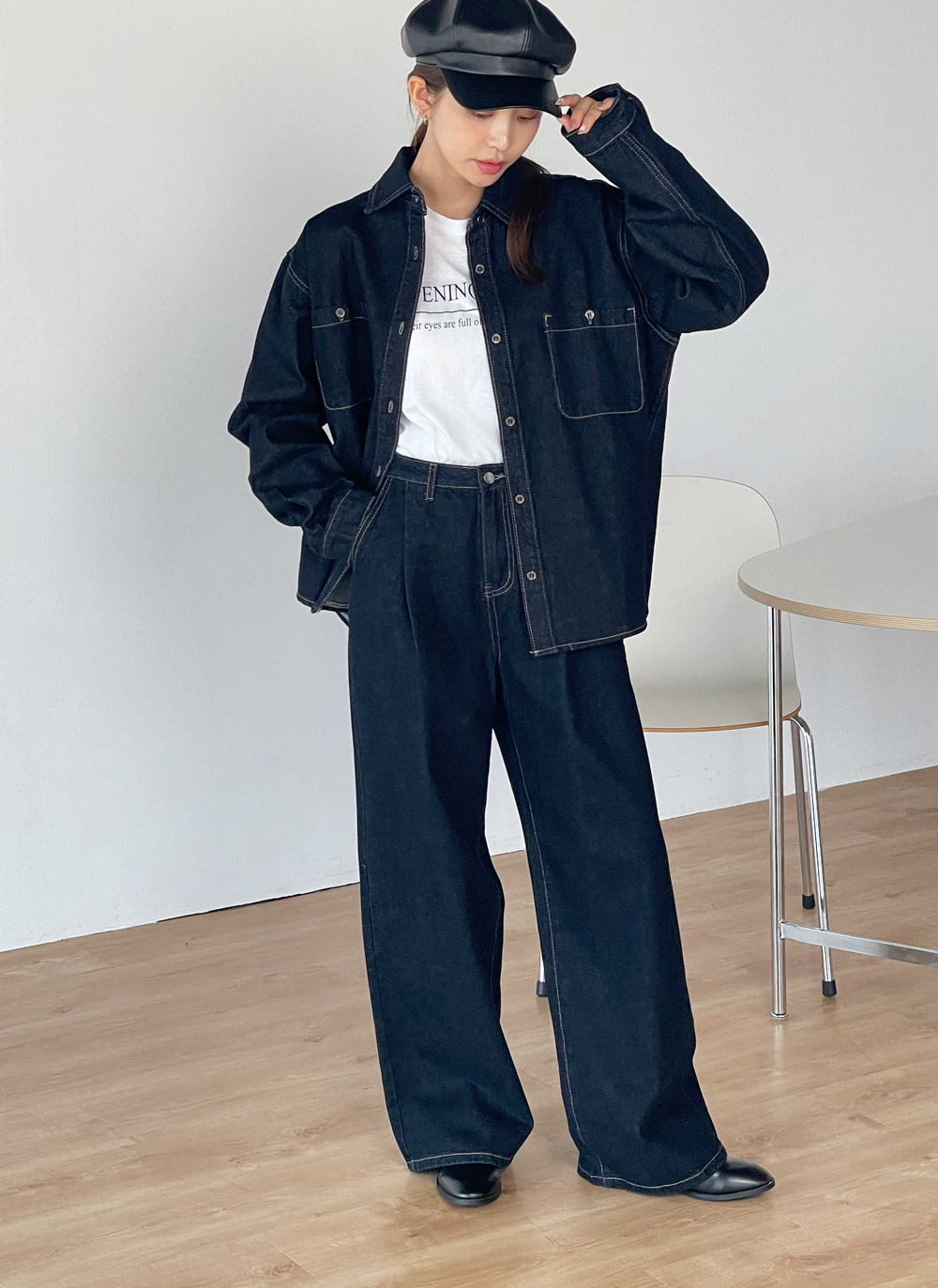 ステッチデニムシャツ&ワイドパンツSET | レディースファッション通販