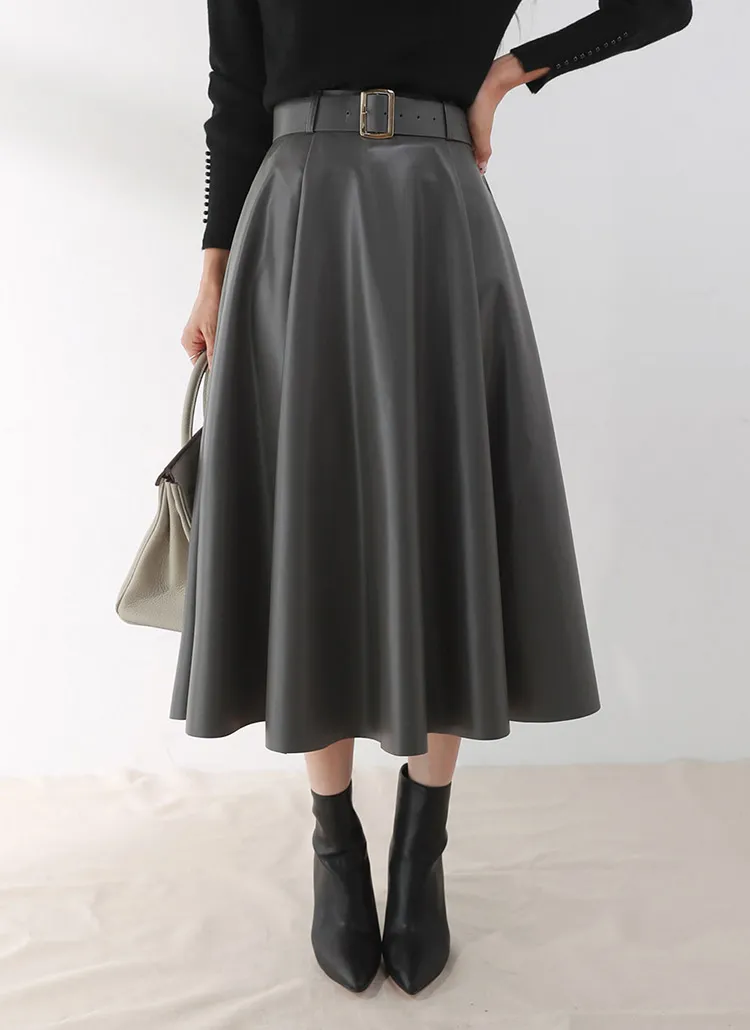 ベルト付レザー調フレアスカート | DHOLIC | 詳細画像1