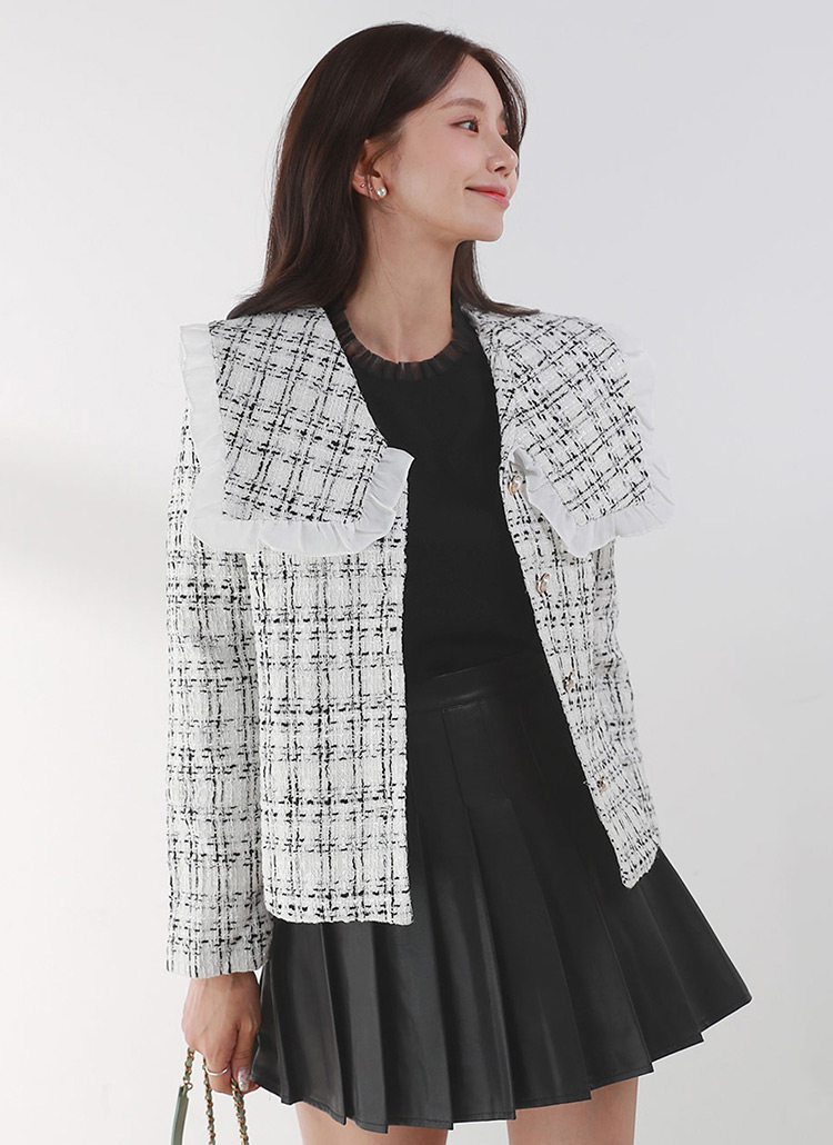 フリルビッグカラーツイードジャケット | レディースファッション通販