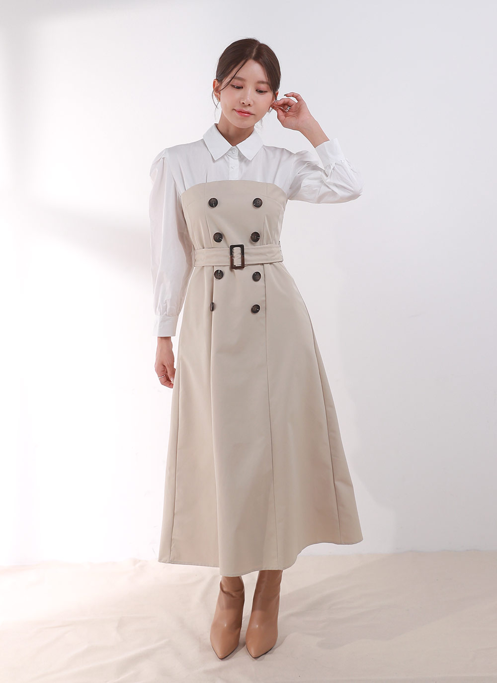 ベルト付ダブルボタン配色シャツワンピース | DHOLIC | 詳細画像3
