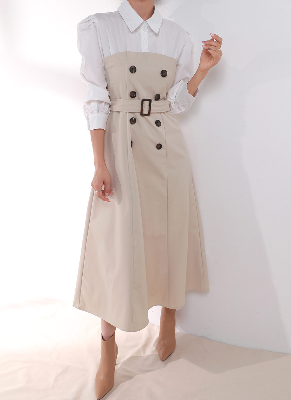 ベルト付ダブルボタン配色シャツワンピース | DHOLIC | 詳細画像4