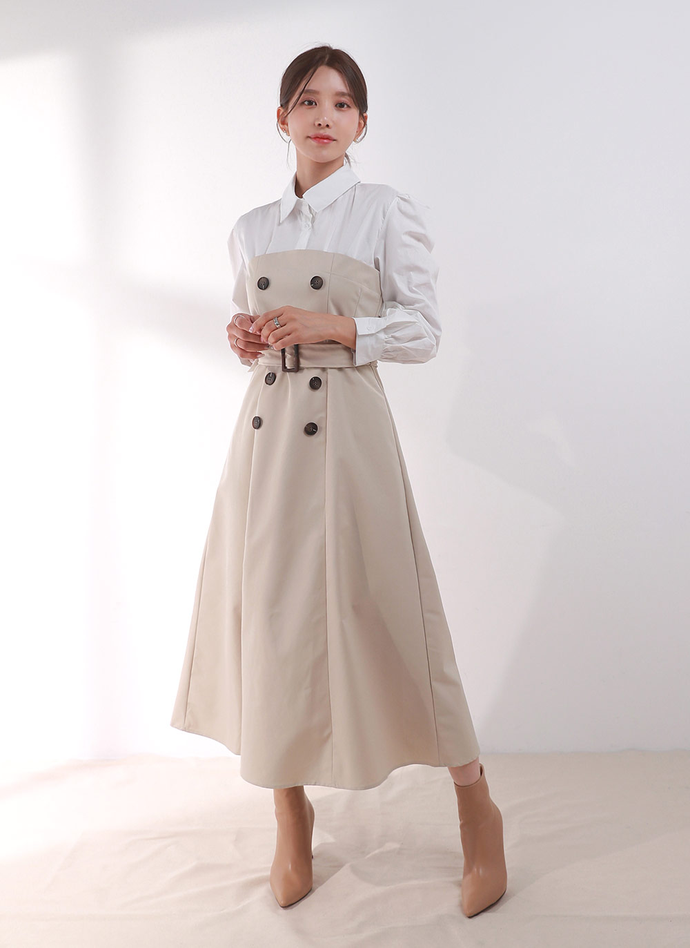 ベルト付ダブルボタン配色シャツワンピース | DHOLIC | 詳細画像8