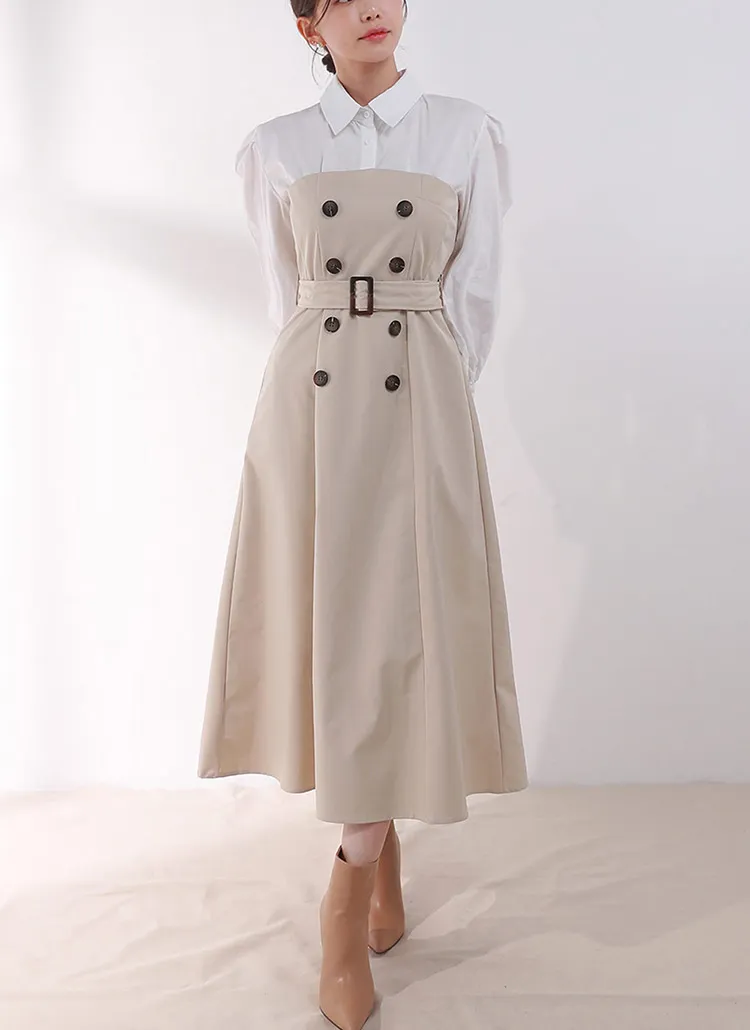 ベルト付ダブルボタン配色シャツワンピース | DHOLIC | 詳細画像1