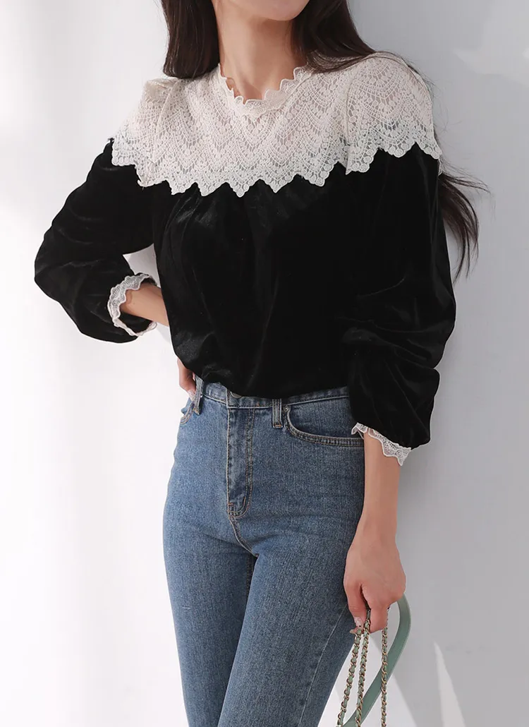 ショルダーレースベロアパフブラウス | DHOLIC | 詳細画像1