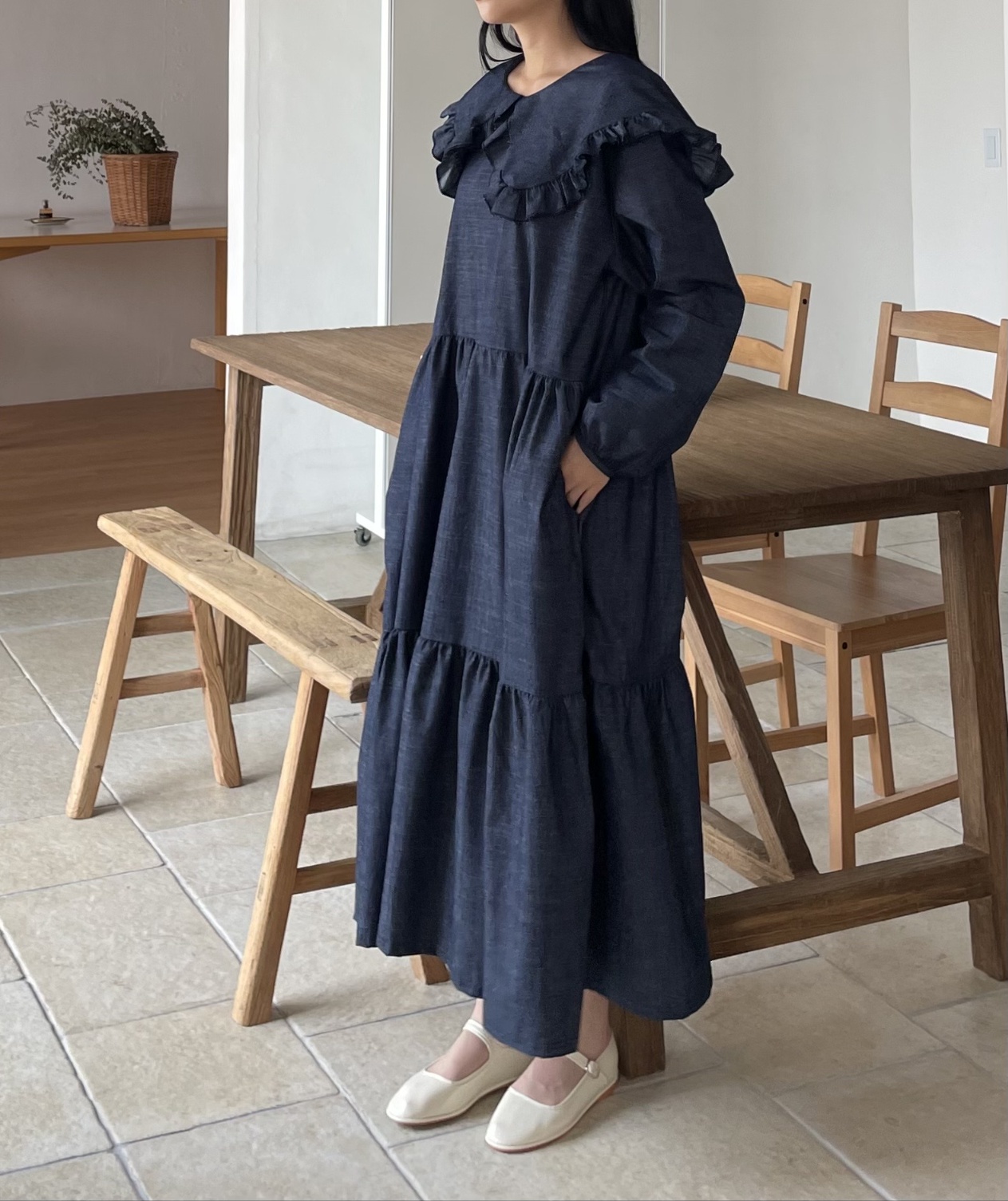 フリルカラーデニムティアードワンピース | レディース