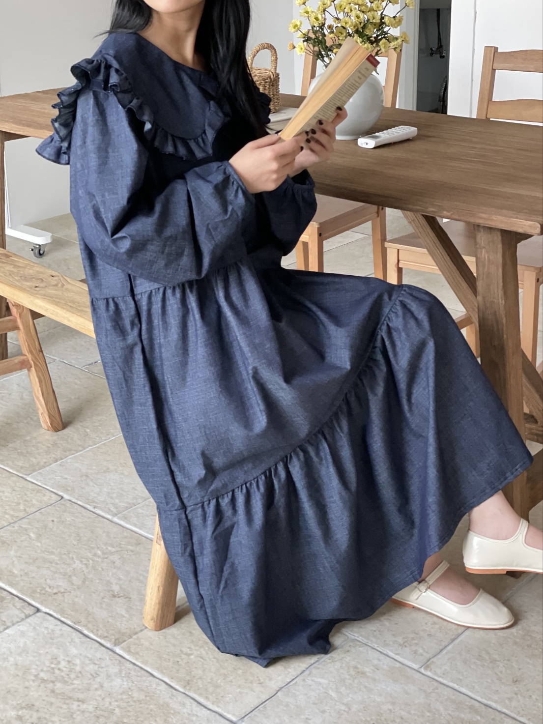 フリルカラーデニムティアードワンピース | レディース