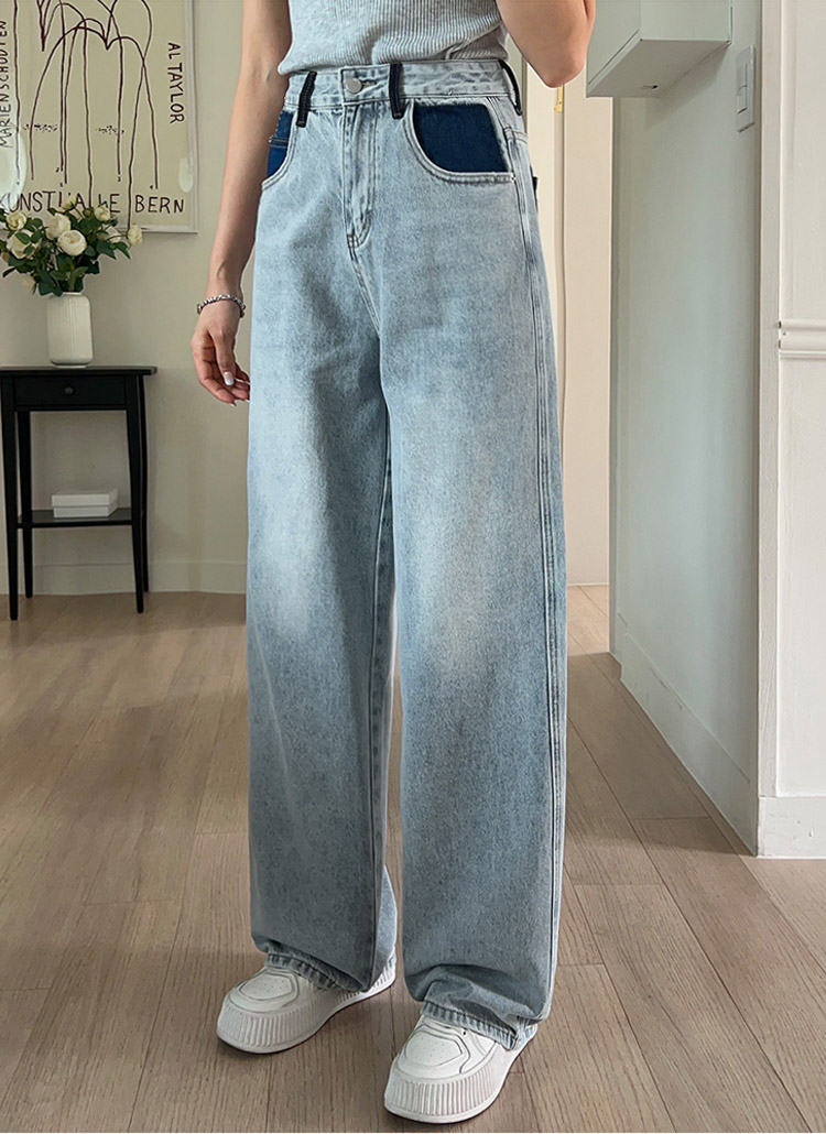 ポケット配色ウォッシュワイドデニムパンツ | レディースファッション