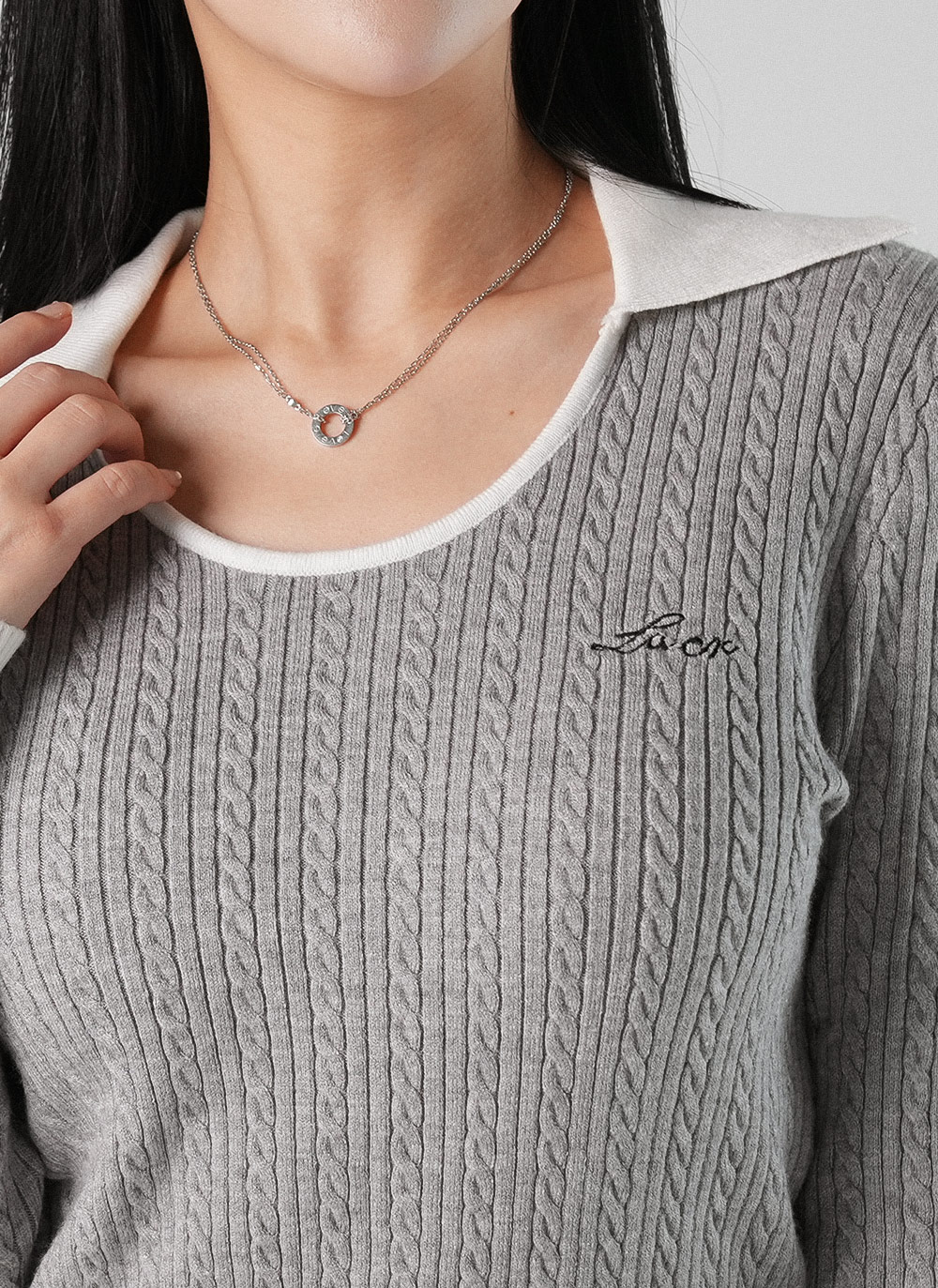 刺繍Uネックカラーケーブルニット | DHOLIC | 詳細画像9