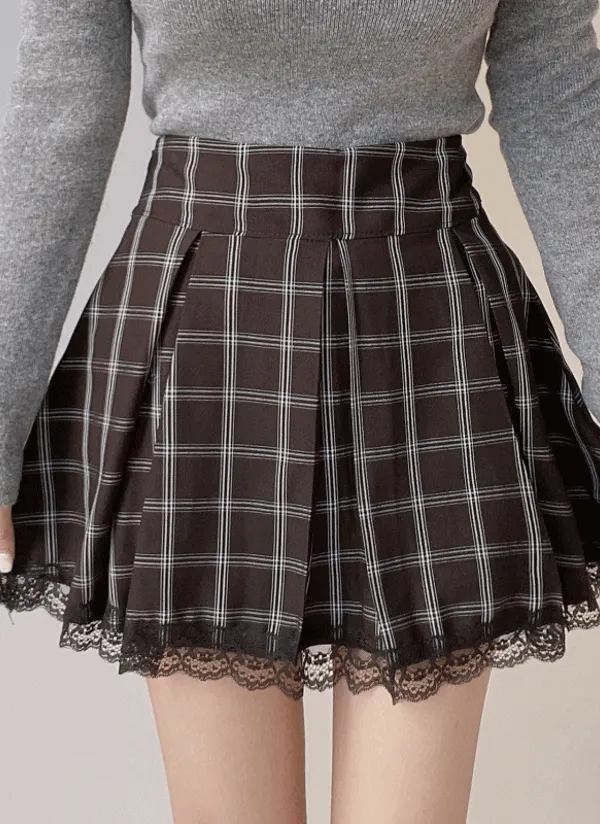 レースヘムチェックプリーツスカート | mirangmirang | 詳細画像1