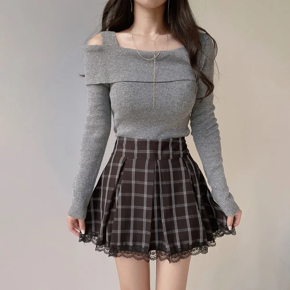 レースヘムチェックプリーツスカート | mirangmirang | 詳細画像10