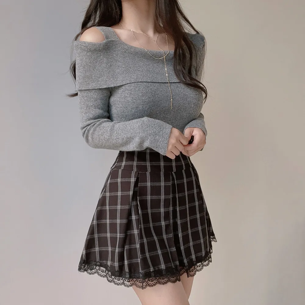 レースヘムチェックプリーツスカート | mirangmirang | 詳細画像12