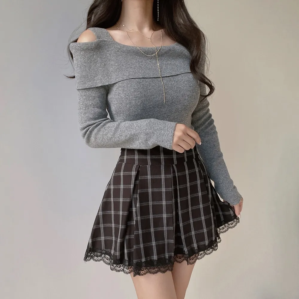 レースヘムチェックプリーツスカート | mirangmirang | 詳細画像17