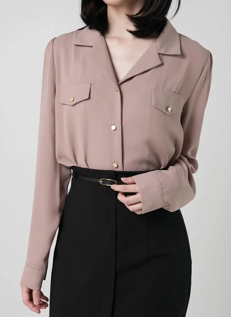 ゴールドボタンフラップ開襟ブラウス | DHOLIC | 詳細画像1