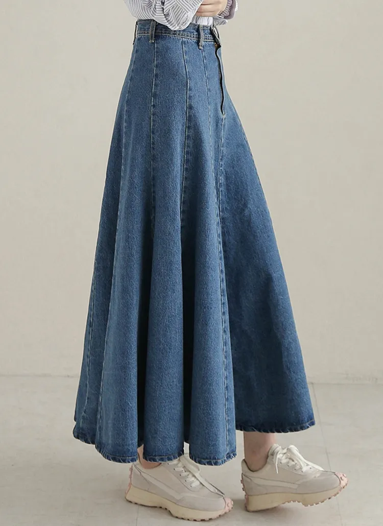 切替ラインロングフレアデニムスカート | レディースファッション通販  