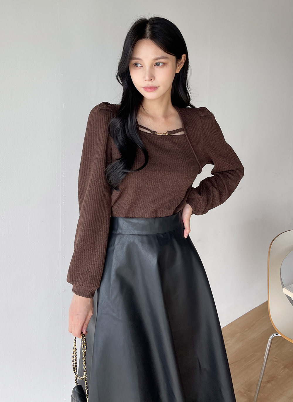 バックゴムレザー調フレアスカート | DHOLIC | 詳細画像3