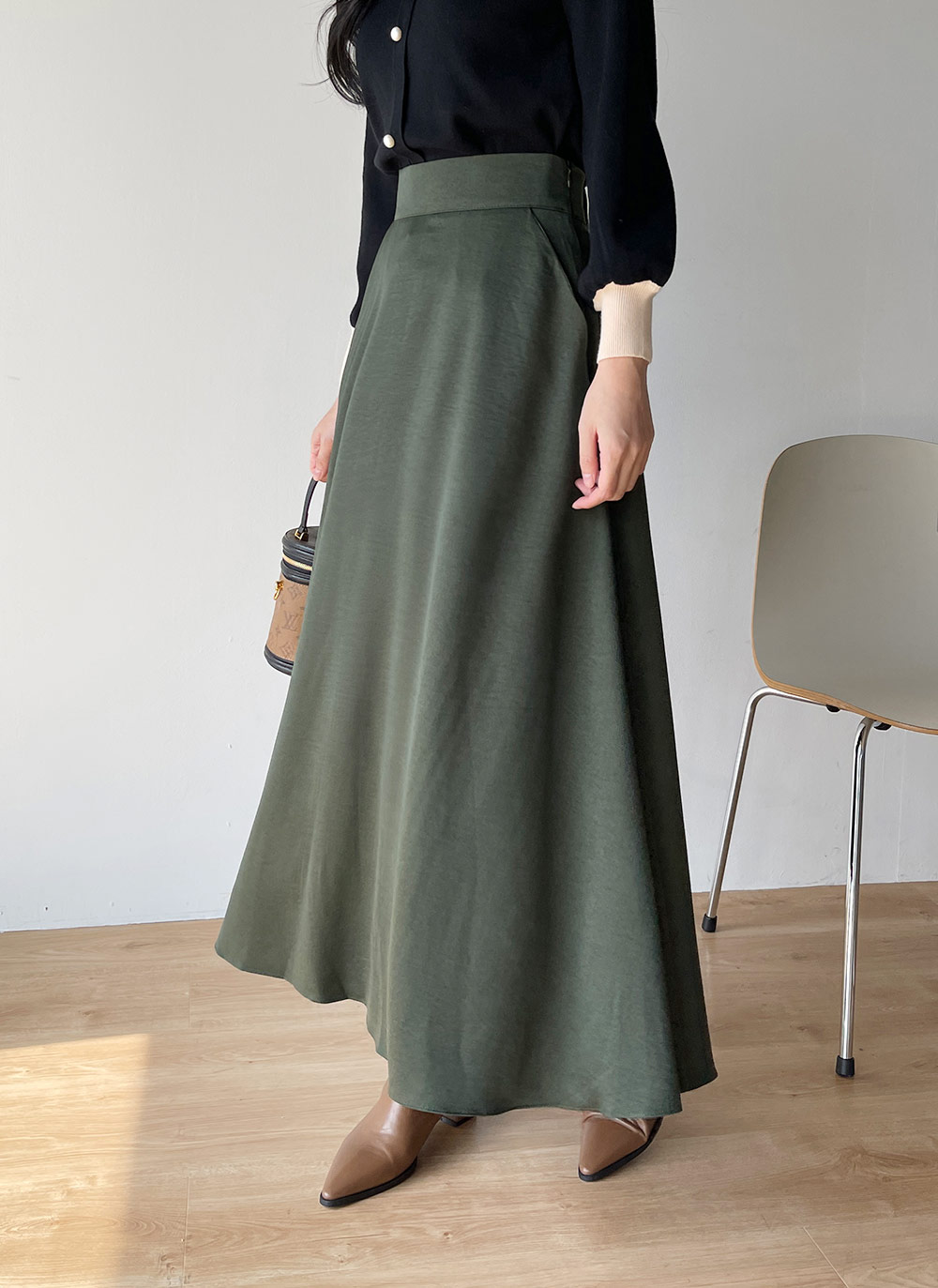 サテンフレアマキシイージースカート | DHOLIC | 詳細画像4