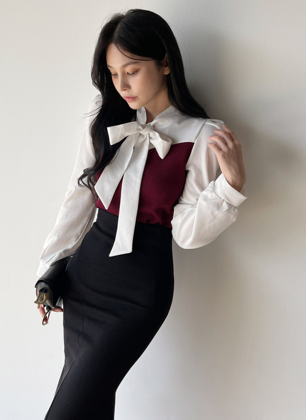 リボンリブ配色パフブラウス | DHOLIC | 詳細画像3