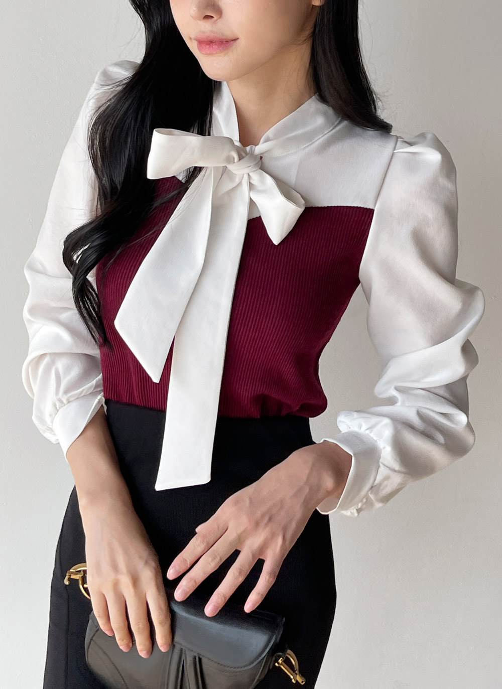 リボンリブ配色パフブラウス | DHOLIC | 詳細画像4