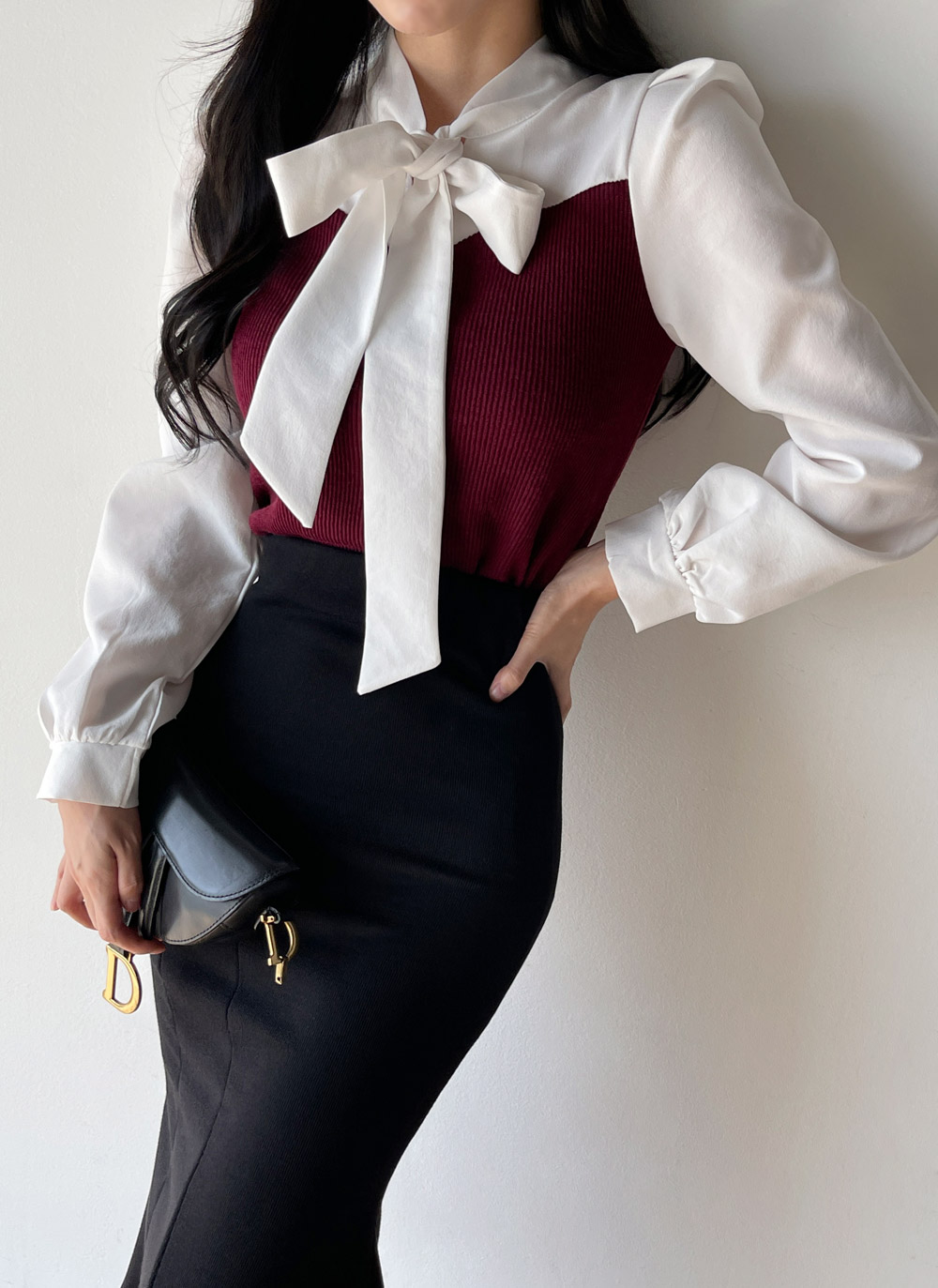 リボンリブ配色パフブラウス | DHOLIC | 詳細画像9