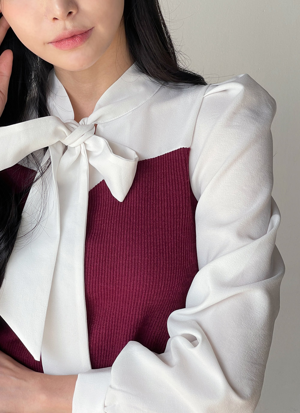 リボンリブ配色パフブラウス | DHOLIC | 詳細画像10