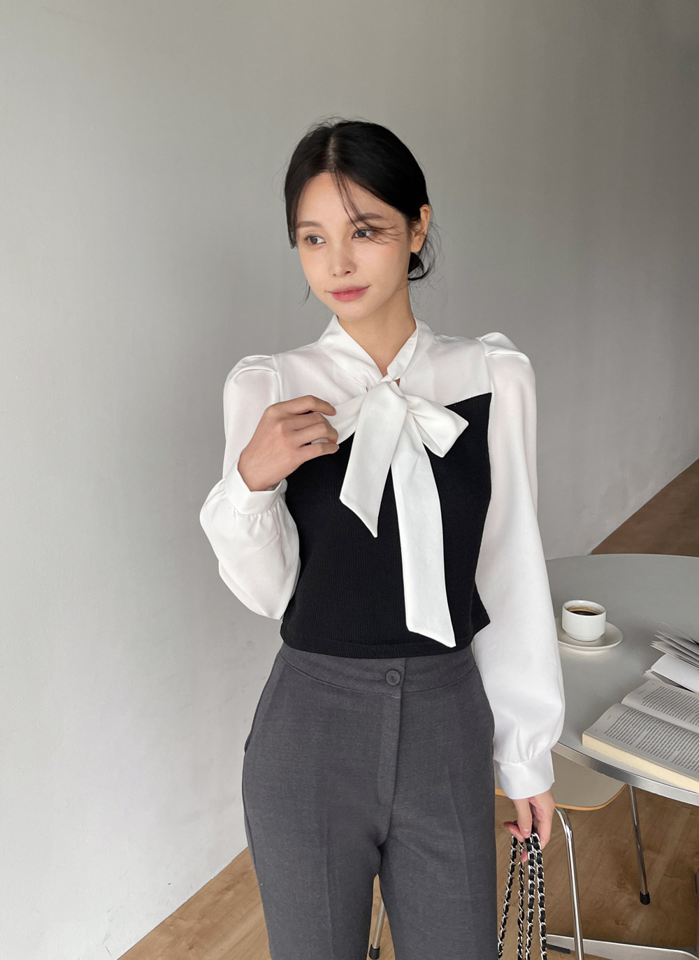 リボンリブ配色パフブラウス | DHOLIC | 詳細画像12