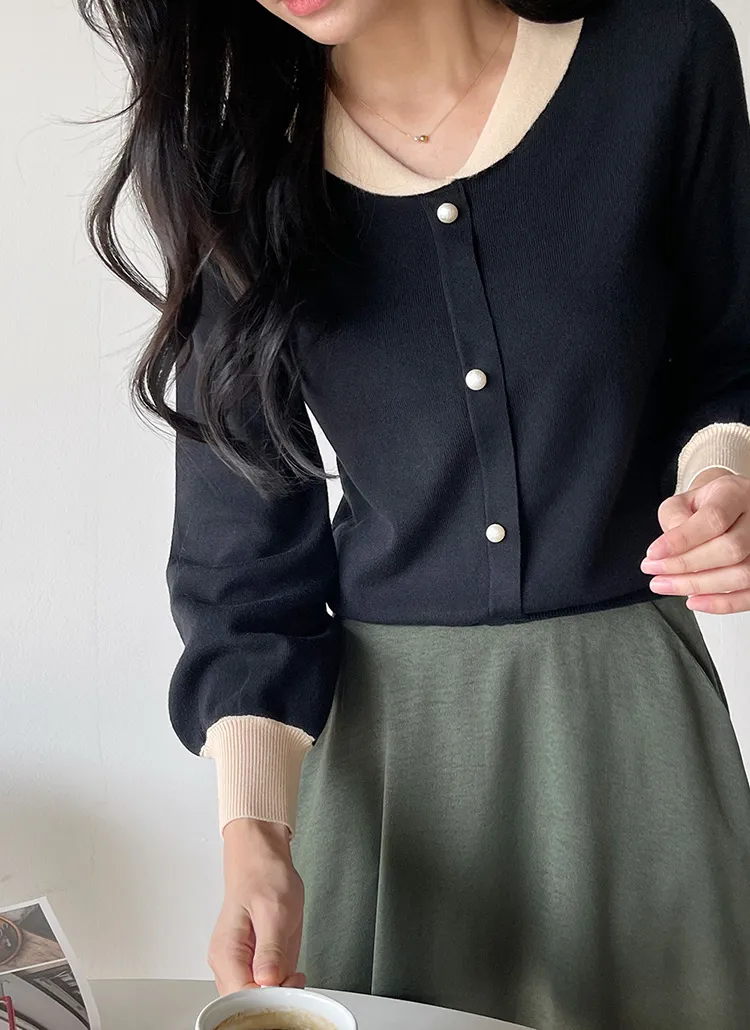 配色ショールカラーフェイクパールニット | DHOLIC | 詳細画像1