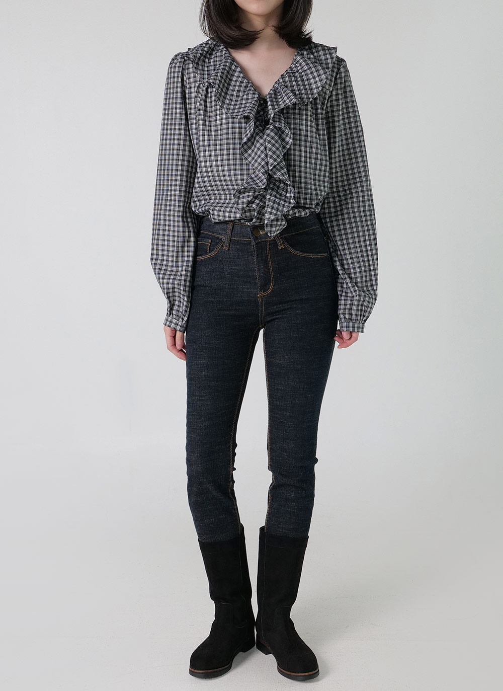 チェックフリルVネックブラウス | DHOLIC | 詳細画像3