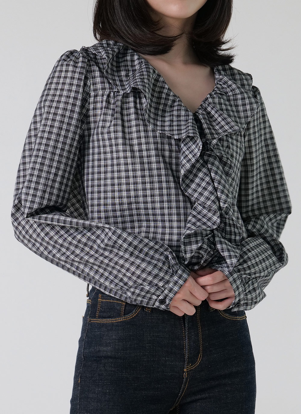 チェックフリルVネックブラウス | DHOLIC | 詳細画像7