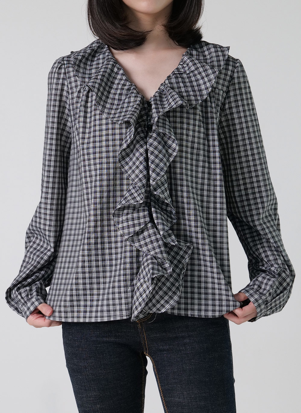 チェックフリルVネックブラウス | DHOLIC | 詳細画像12