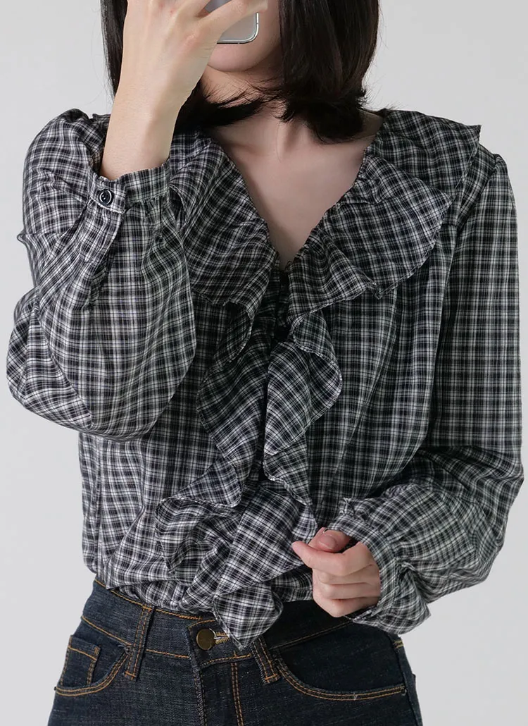 チェックフリルVネックブラウス | DHOLIC | 詳細画像1