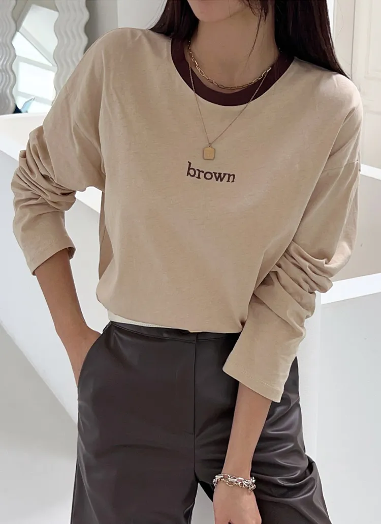 配色ネックブラウン長袖Tシャツ | chicfox | 詳細画像1