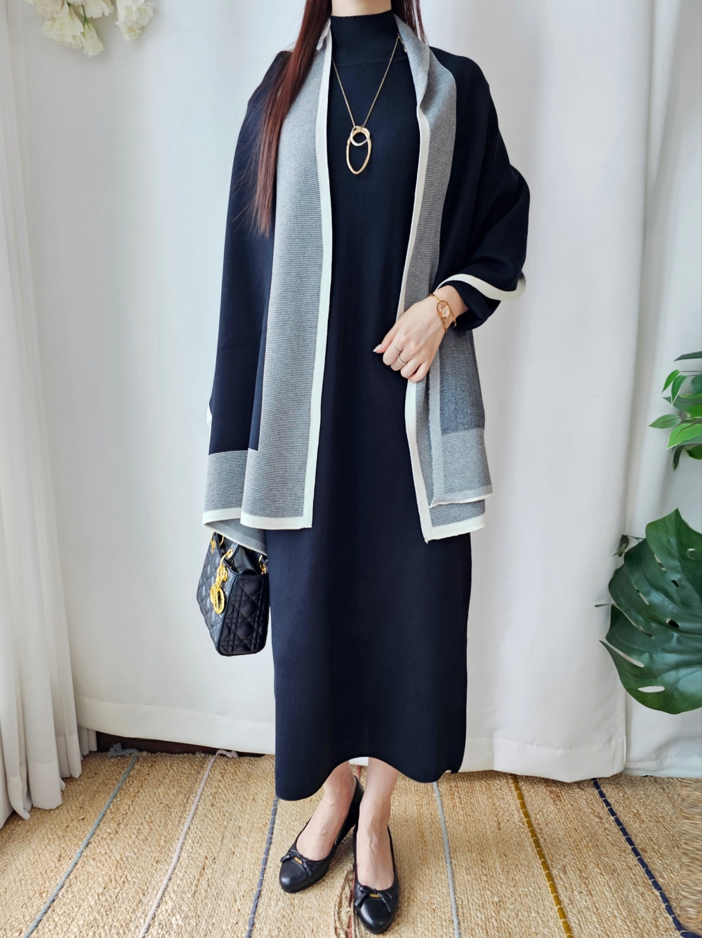 配色ショール付ニットワンピース | 詳細画像12