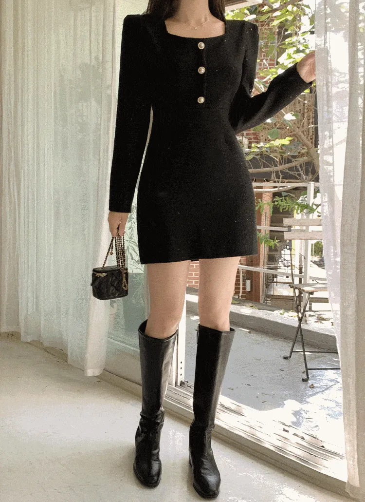 スクエアツイードパール調ボタンワンピース | lovesomeone | 詳細画像1