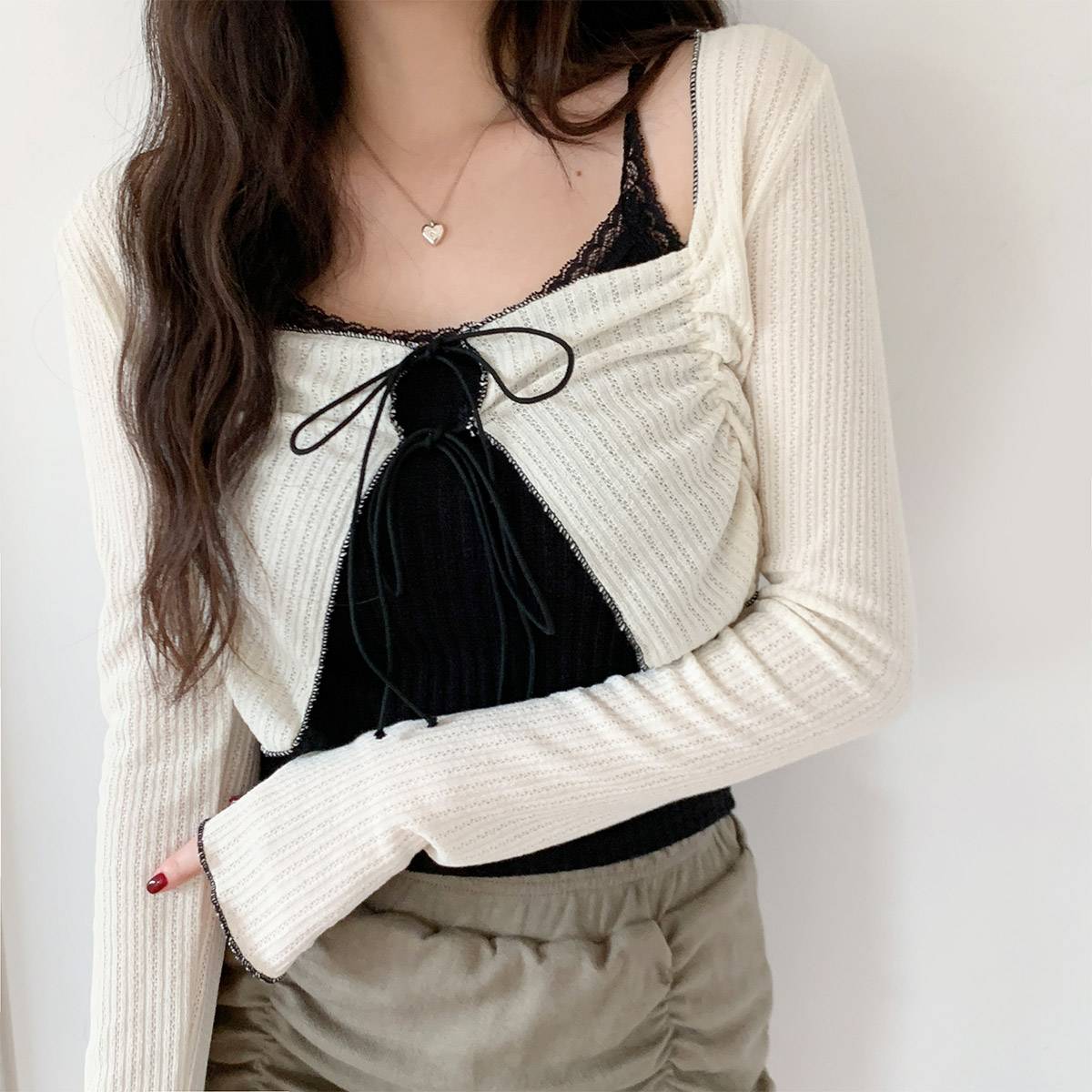 フィンガーホールパイピングリボンカーディガン | 詳細画像3