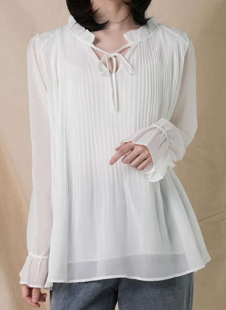 フリルリボンシフォンプリーツブラウス | DHOLIC | 詳細画像1