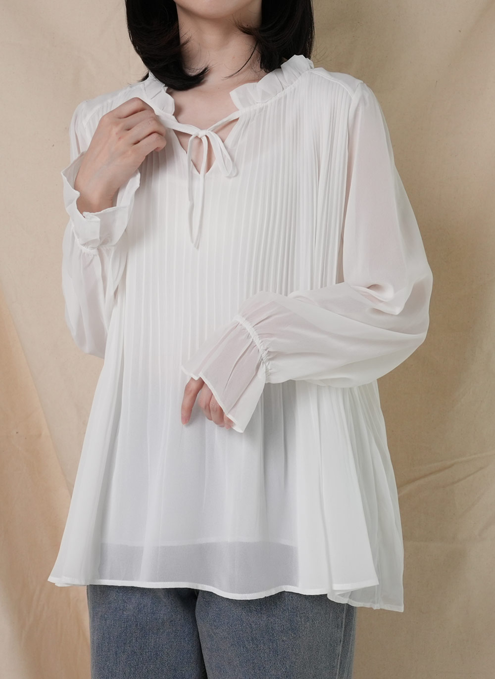フリルリボンシフォンプリーツブラウス | DHOLIC | 詳細画像5