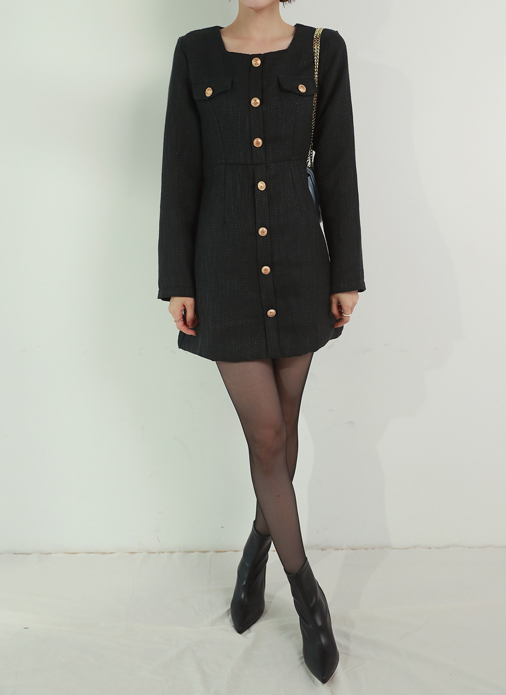 【美品】Sandro ツイード×プリーツベルトワンピース 金ボタン 美品】Sandro ツイード×プリーツベルトワンピース 金ボタン